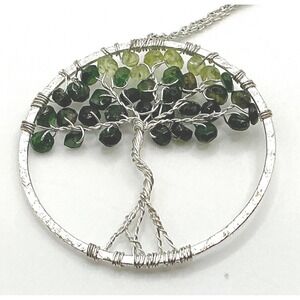 Tree of Life Necklace Green Gemstone Beads Wire Wrapped Pendant Silver Tone